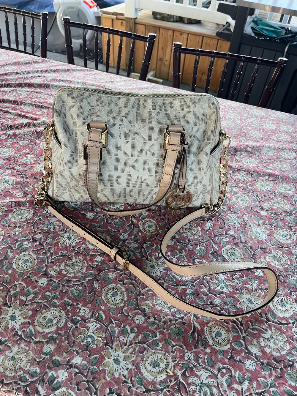 Michael Kors Cream Logo Dome Satchel with Gold Hardware